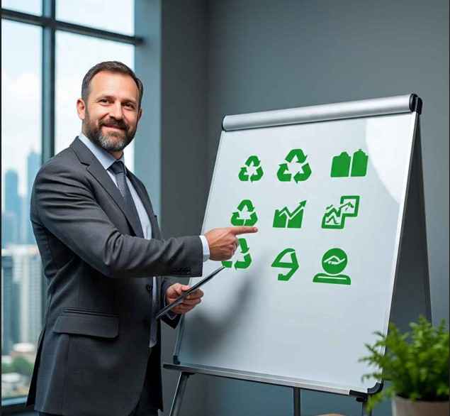 a man in suit stands in front of white board