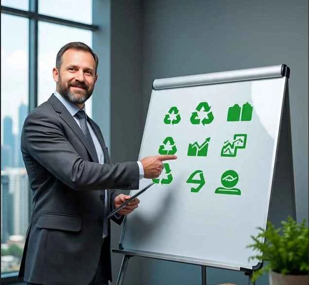 A man in sustainability consultancy Abu Dhabi, UAE, firm doing consulting inside the office.