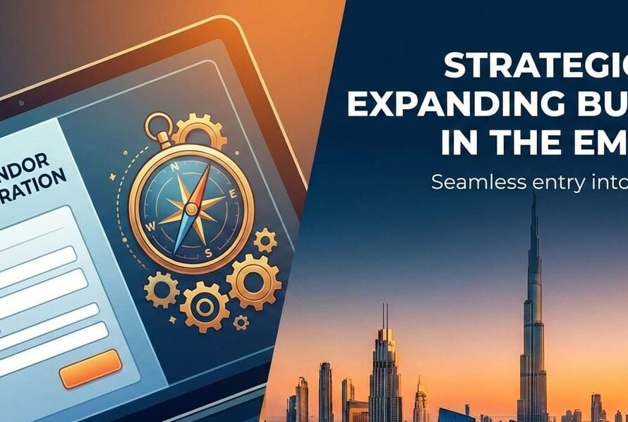 Tablet displaying a 'Vendor Registration in UAE' form next to a view of the Dubai skyline and a traditional boat, with text overlay 'Vendor Registration in UAE: A Strategic Step for Business