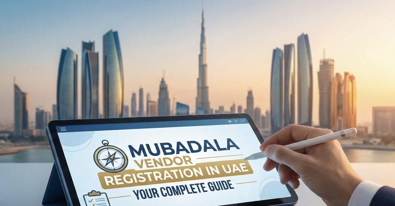 UAE skyline with modern business towers, overlay text Mubadala Vendor Registration in UAE, and icons representing ISO certification, compliance, and partnership