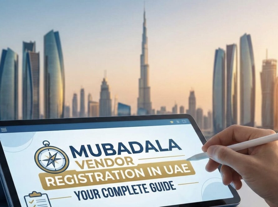 UAE skyline with modern business towers, overlay text Mubadala Vendor Registration in UAE, and icons representing ISO certification, compliance, and partnership
