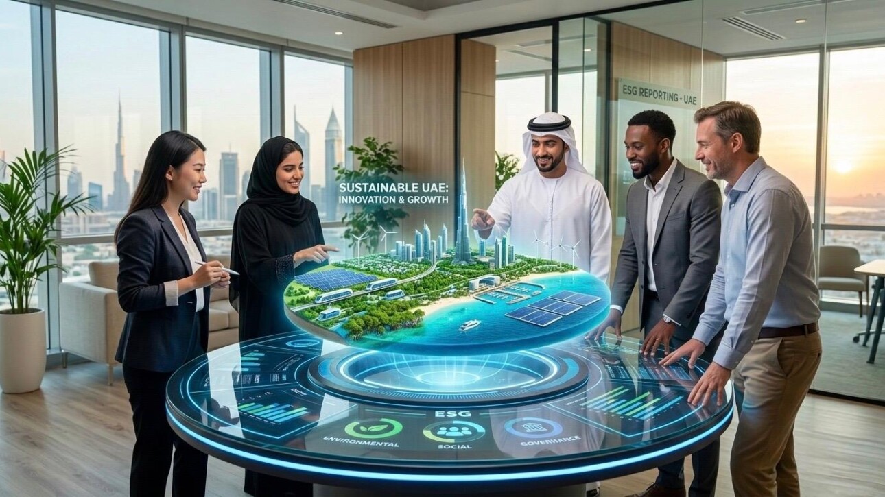 ESG reporting UAE process showing business professionals analyzing sustainability data and compliance strategies for 2026sustainability data emissions tracking, and corporate governance strategies for 2026 compliance