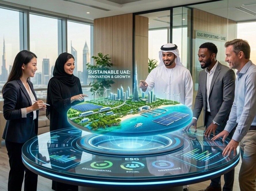 ESG reporting UAE process showing business professionals analyzing sustainability data and compliance strategies for 2026sustainability data emissions tracking, and corporate governance strategies for 2026 compliance