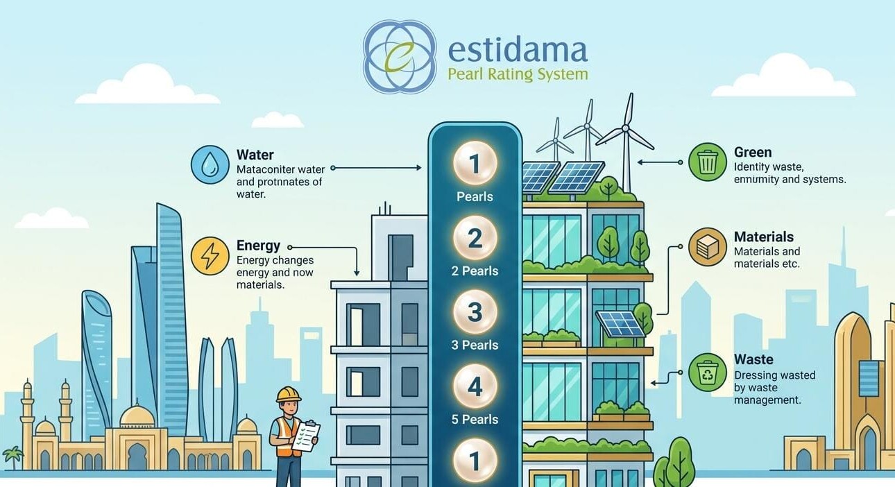 Estidama Pearl Rating Abu Dhabi compliance guide for builders, highlighting sustainability consultancy, green building certification, and Estidama engineering consultancy