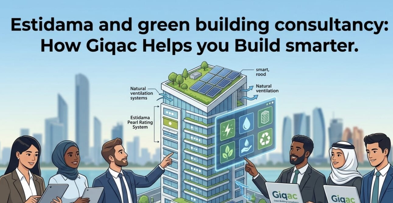 Estidama and green building consultancy professionals from Giqac analyzing a sustainable building with smart technology.