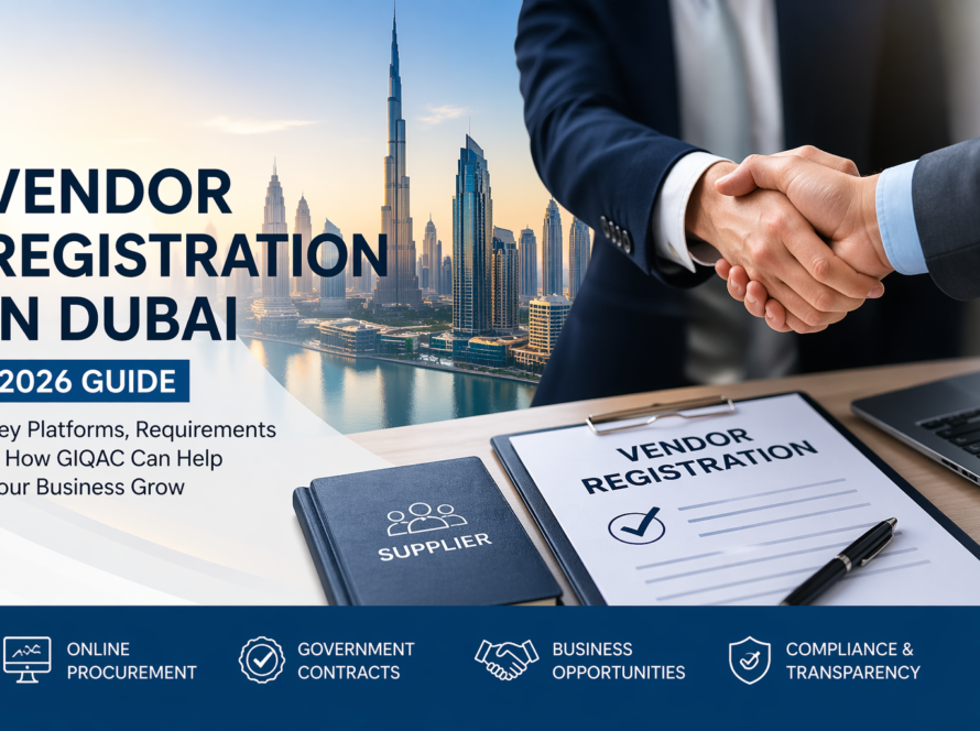 vendor registration in dubai 2026 guide with business handshake and dubai skyline