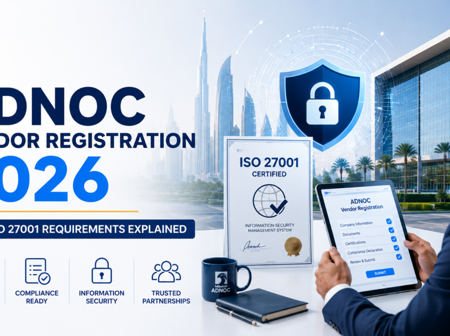 ADNOC vendor registration 2026 guide featuring ISO certification UAE requirements, ISO 27001 compliance, information security management, and vendor onboarding process for ADNOC suppliers in the UAE