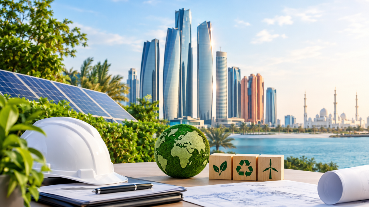 Sustainability Consultancy Abu Dhabi featuring green building design, solar panels, renewable energy and environmental planning.
