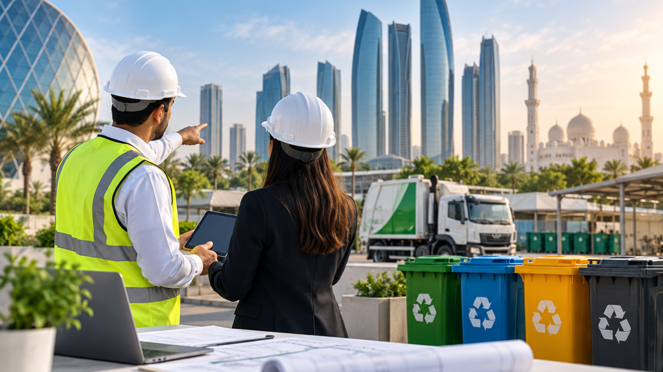 Waste management consultants reviewing sustainability plans with recycling bins in Abu Dhabi