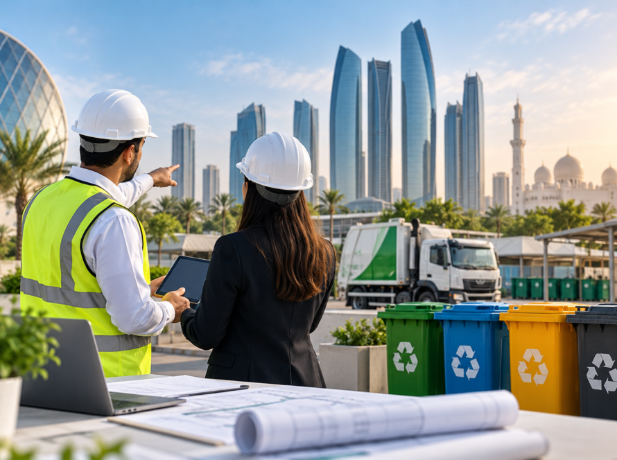 Waste management consultants reviewing sustainability plans with recycling bins in Abu Dhabi